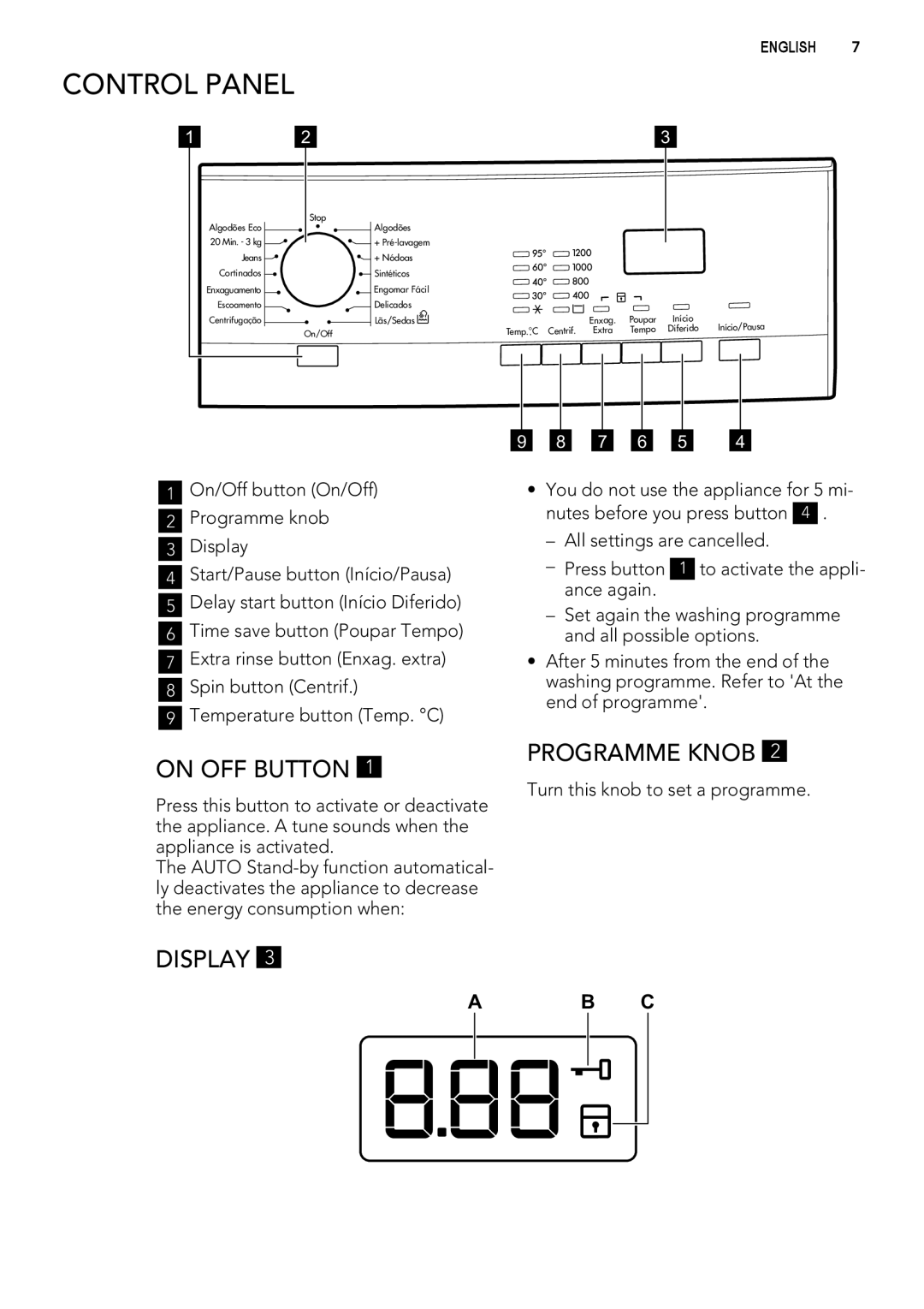 AEG L 60270 user manual Control Panel, On OFF Button, Programme Knob, Display 