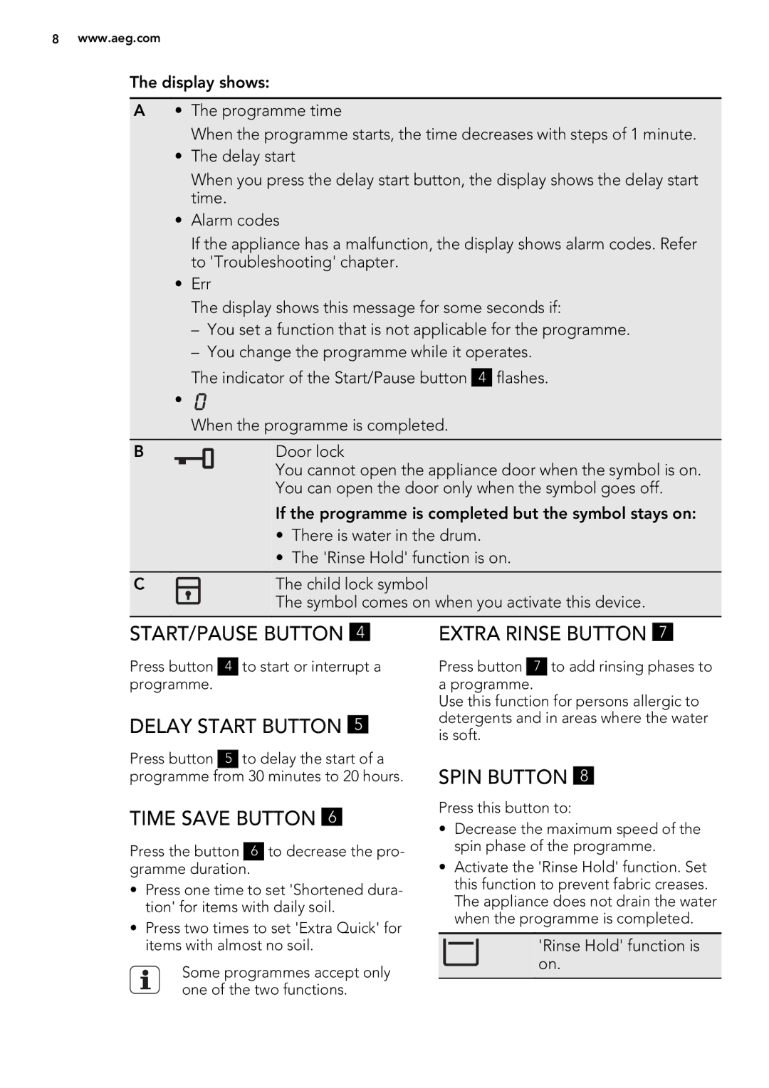 AEG L 60270 user manual START/PAUSE Button, Delay Start Button, Time Save Button, Extra Rinse Button, Spin Button 