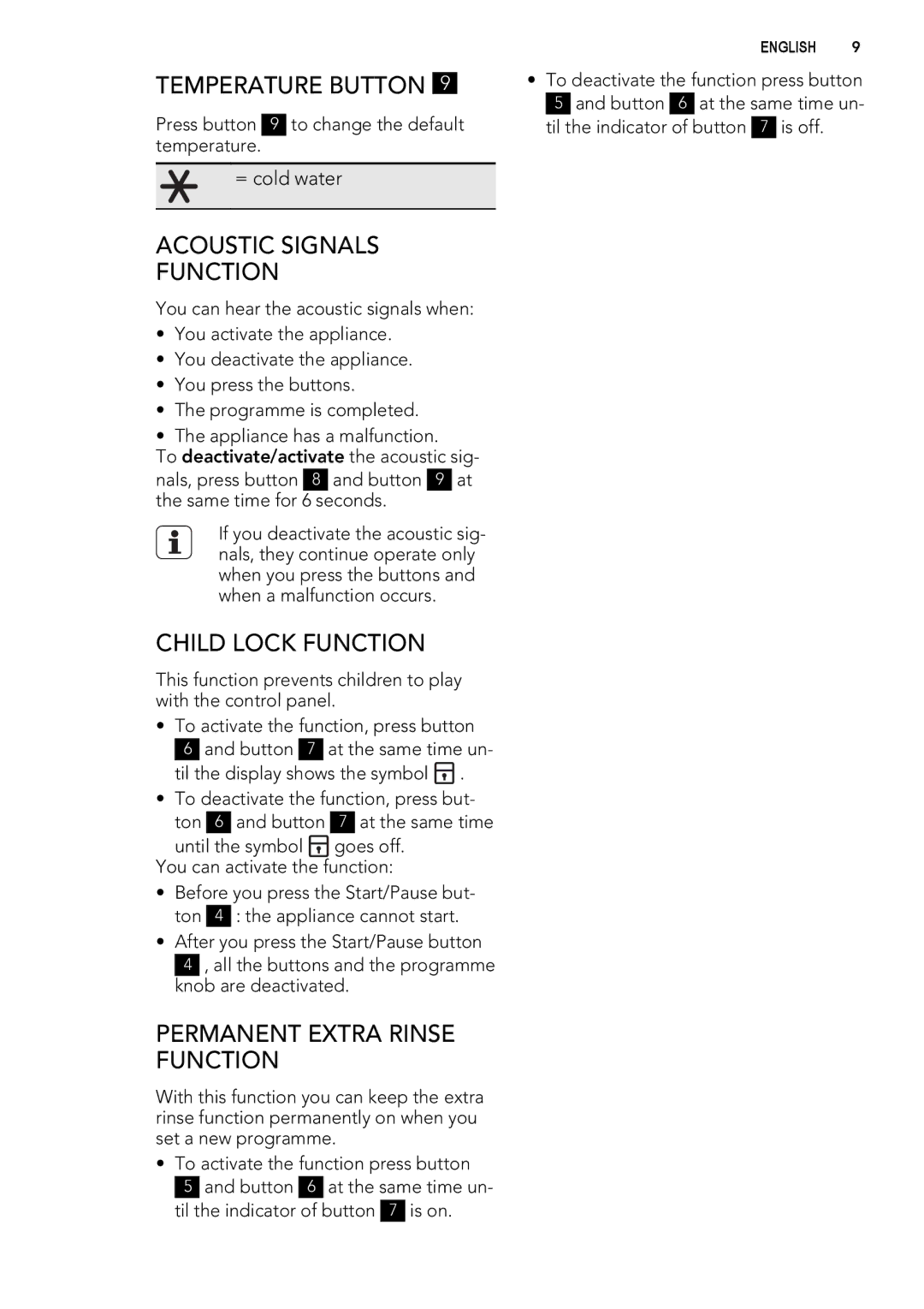 AEG L 60270 user manual Temperature Button, Acoustic Signals Function, Child Lock Function, Permanent Extra Rinse Function 