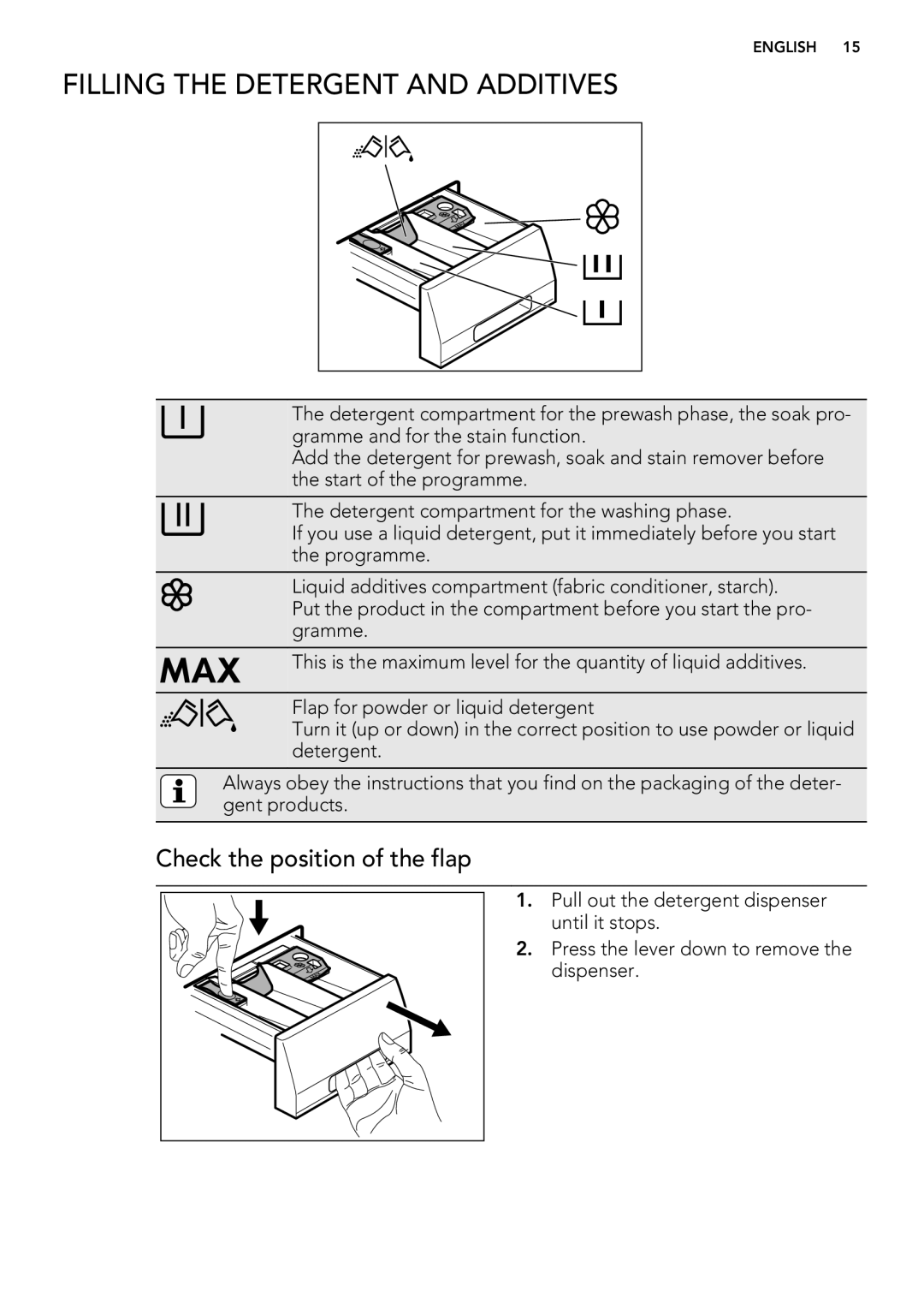 AEG L 60468 FL, L 60660 FL, L 60460 FL user manual Filling the Detergent and Additives, Check the position of the flap 