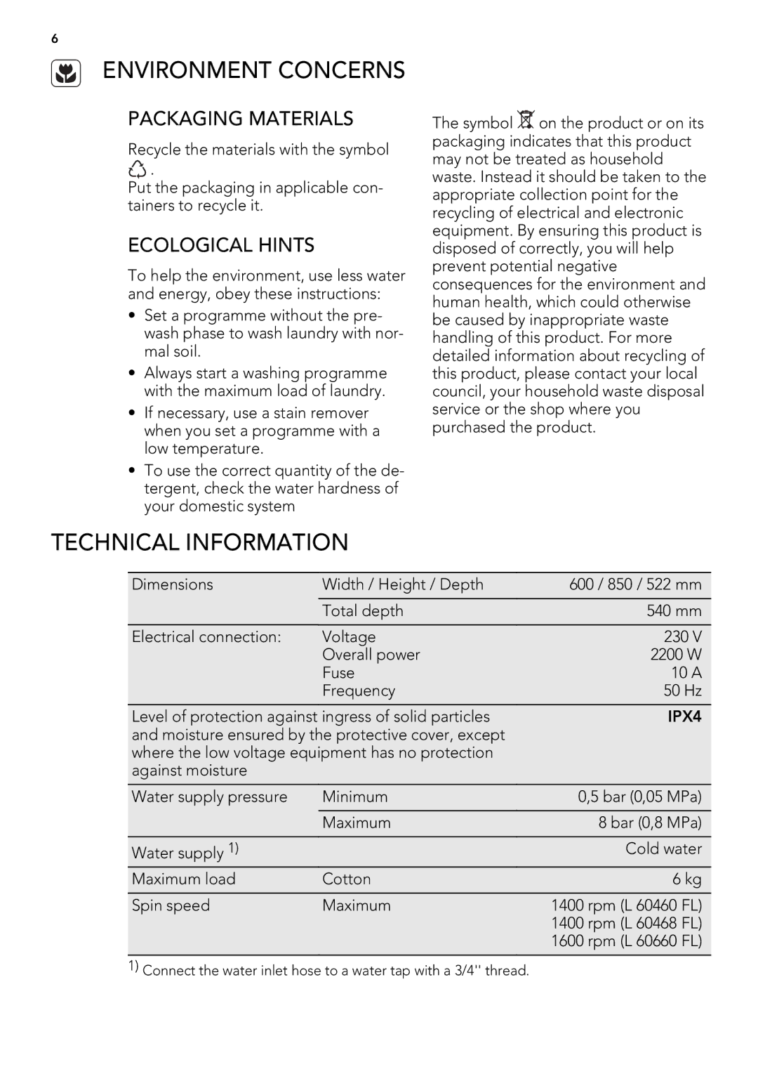 AEG L 60468 FL, L 60660 FL, L 60460 FL Environment Concerns, Technical Information, Packaging Materials, Ecological Hints 