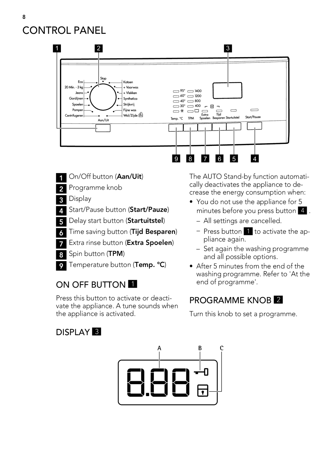 AEG L 60460 FL, L 60468 FL, L 60660 FL user manual Control Panel, On OFF Button, Display, Programme Knob 