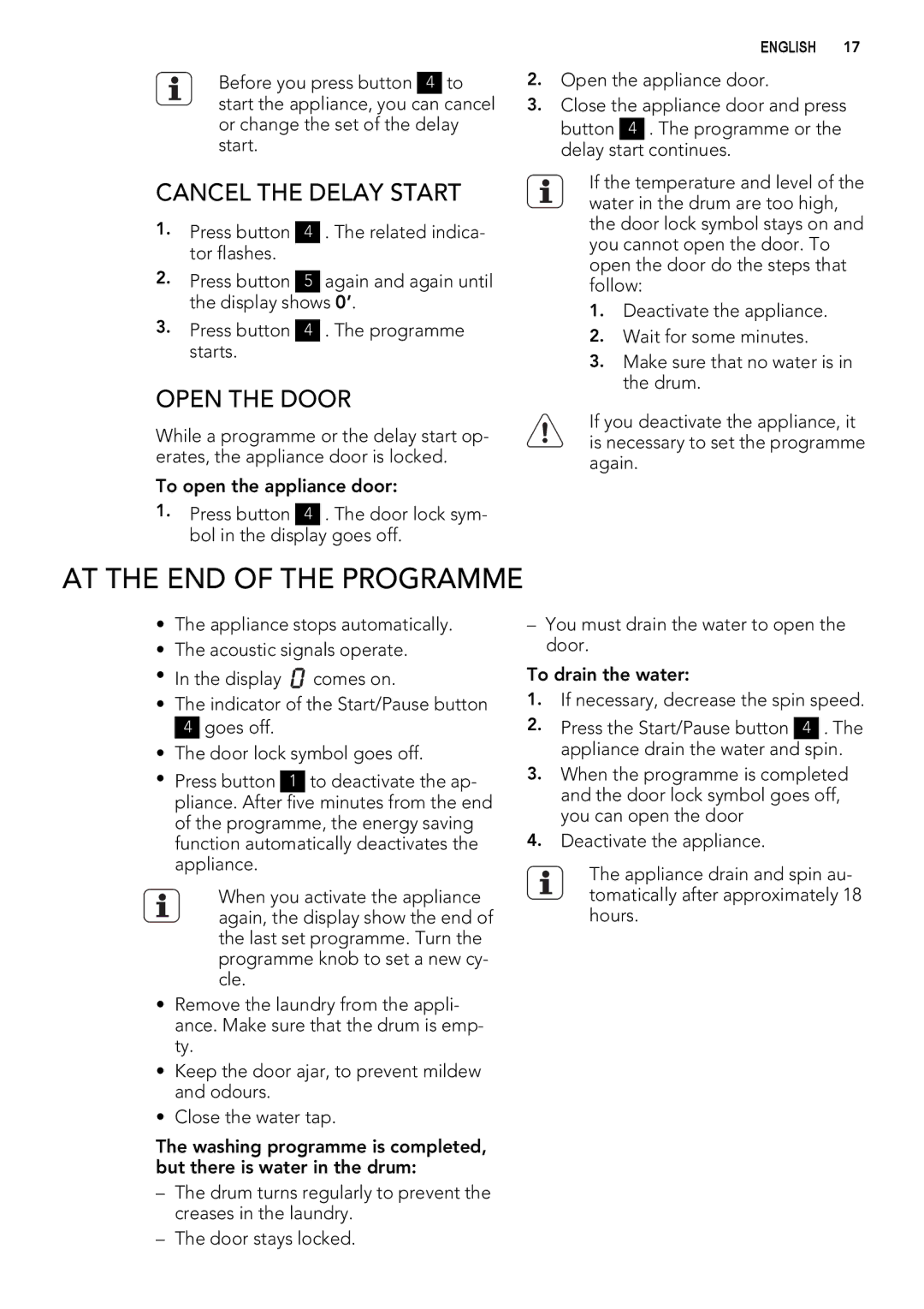 AEG L 70270 VFL user manual AT the END of the Programme, Cancel the Delay Start, Open the Door 