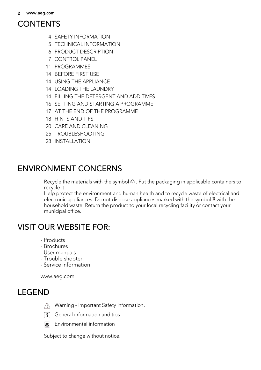 AEG L 70270 VFL user manual Contents, Environment Concerns, Visit OUR Website for 