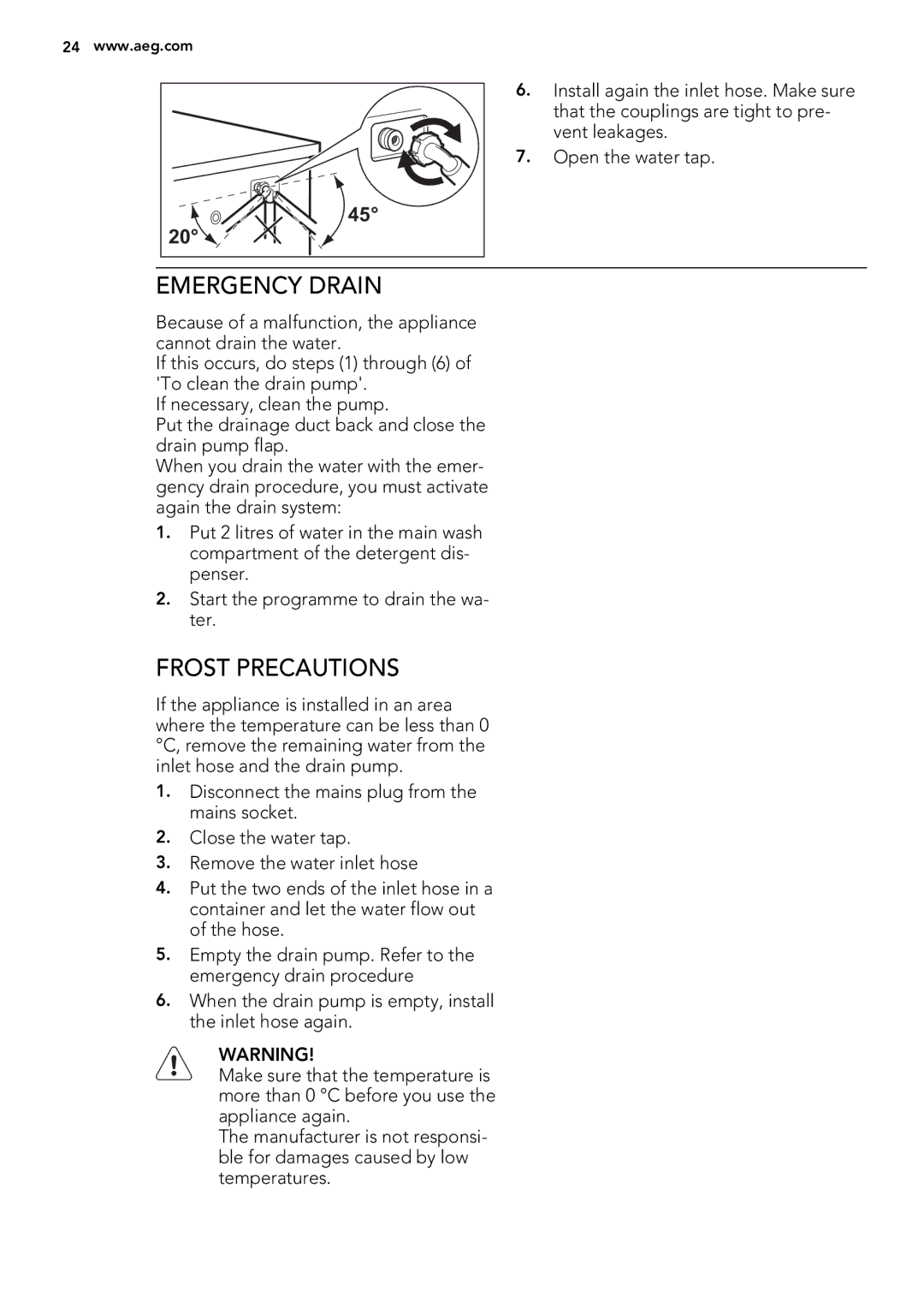 AEG L 70270 VFL user manual Emergency Drain, Frost Precautions 