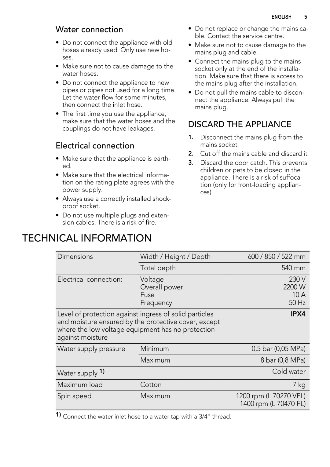 AEG L 70270 VFL user manual Technical Information, Discard the Appliance 