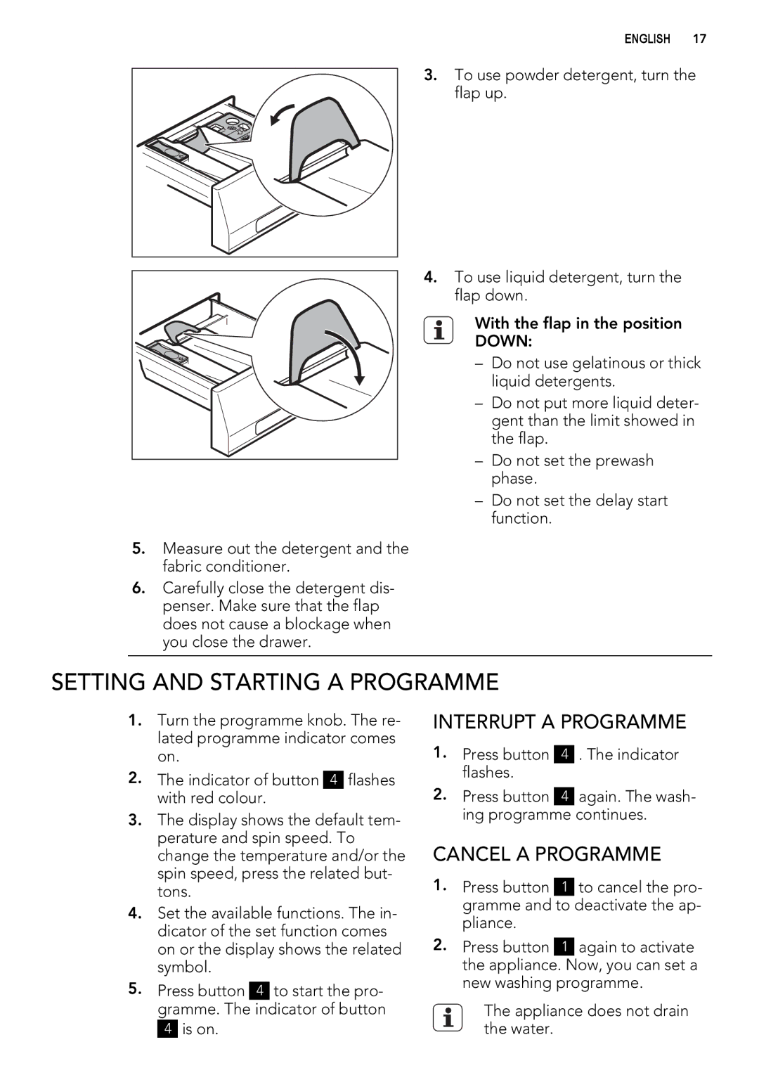 AEG L 70670 FL, L 70470 FL user manual Setting and Starting a Programme, Interrupt a Programme, Cancel a Programme 