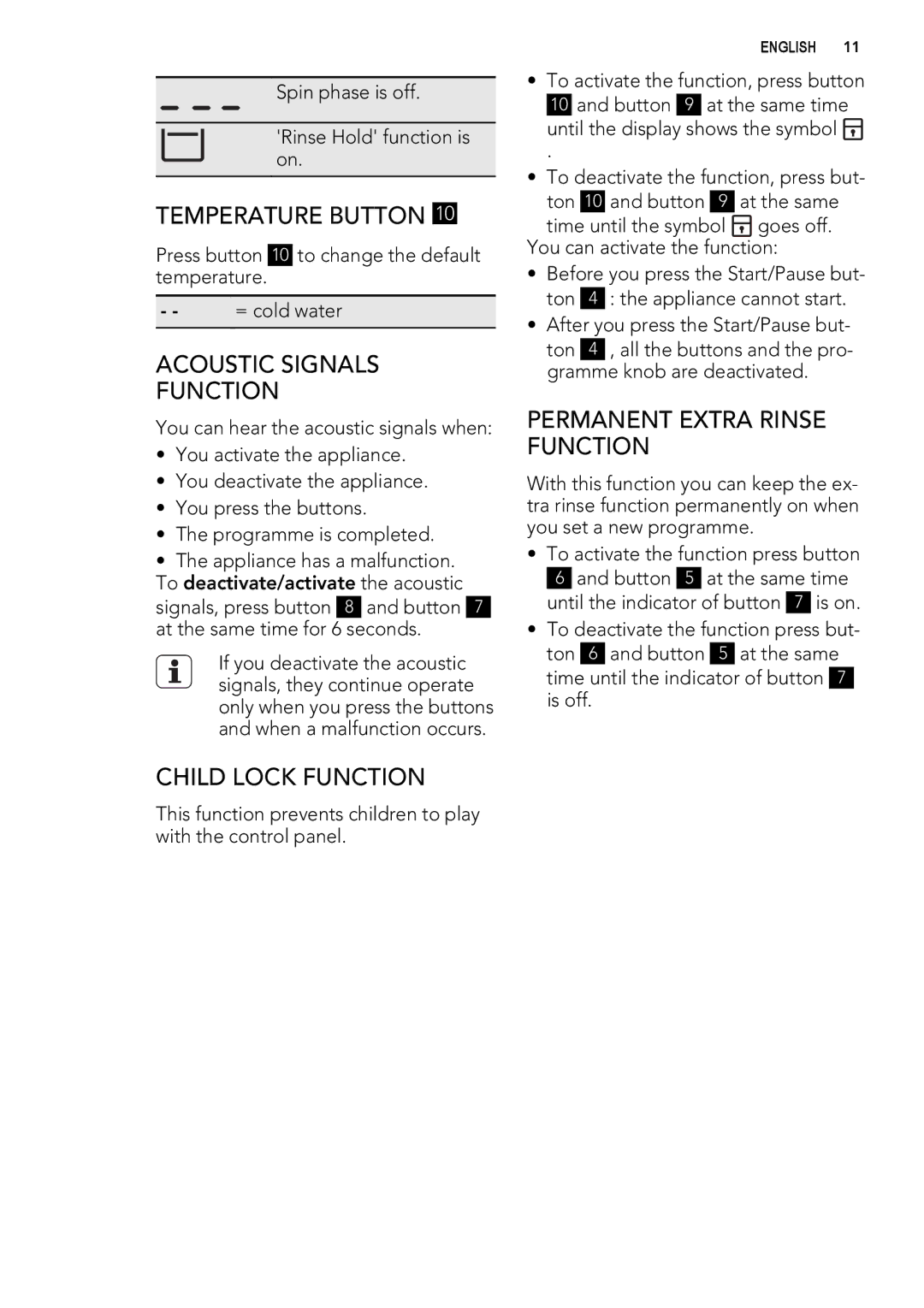 AEG L 71060 SL Temperature Button, Acoustic Signals Function, Child Lock Function, Permanent Extra Rinse Function 