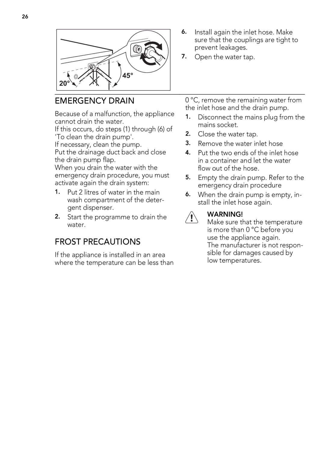 AEG L 71260 SL, L 71060 SL user manual Emergency Drain, Frost Precautions 