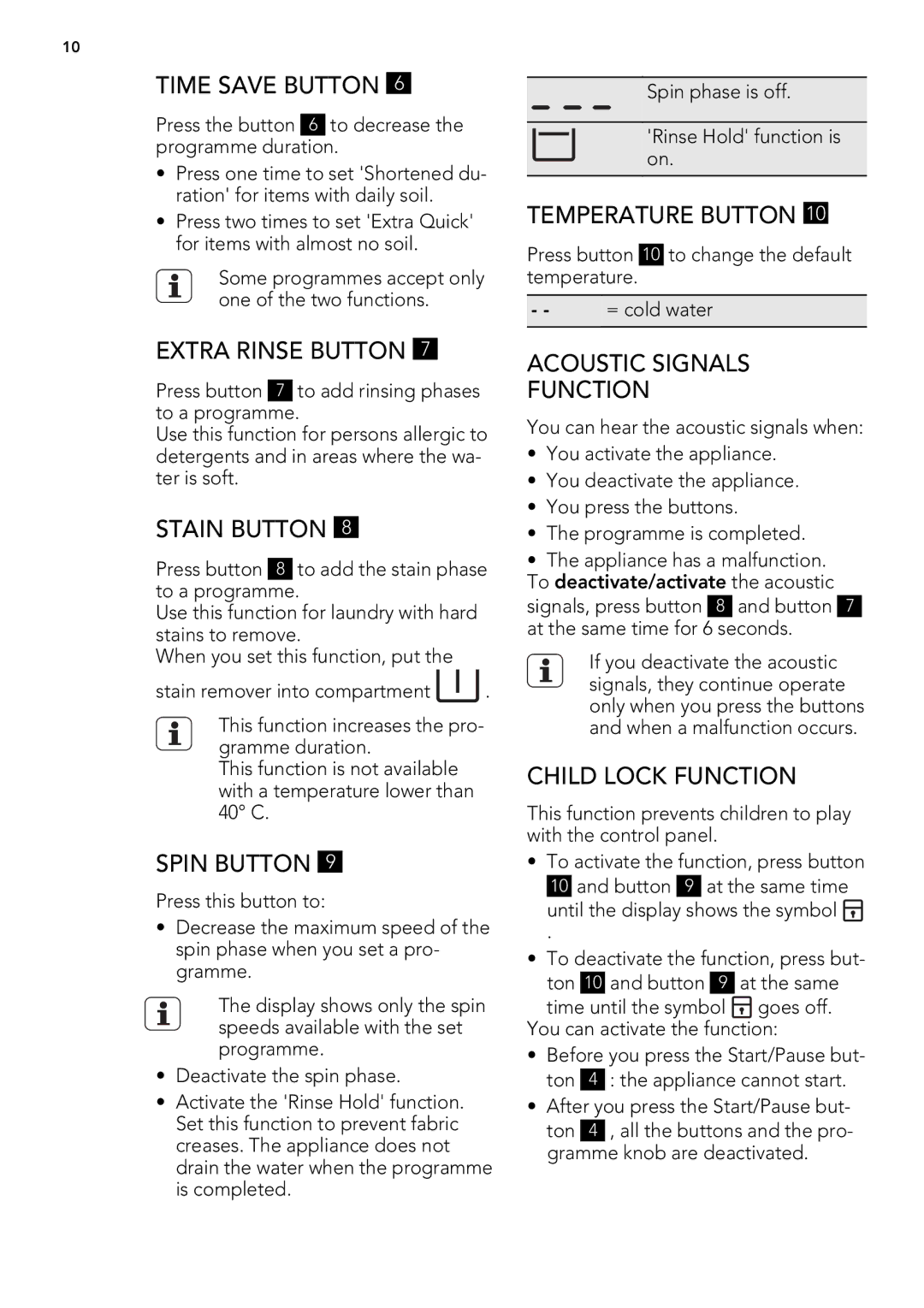 AEG L 71670 FL Time Save Button, Extra Rinse Button, Stain Button, Spin Button, Temperature Button, Child Lock Function 