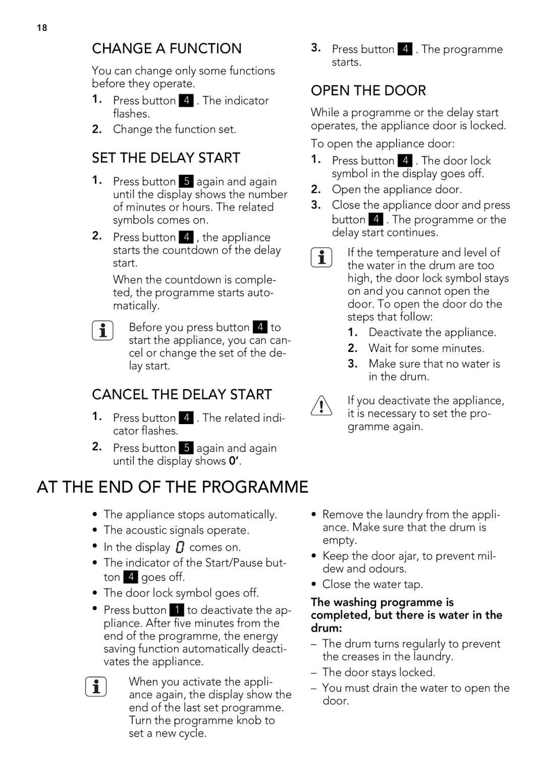 AEG L 71479 FL AT the END of the Programme, Change a Function, SET the Delay Start, Cancel the Delay Start, Open the Door 