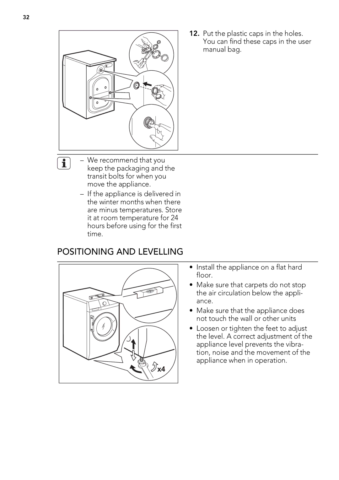 AEG L 71470 FL, L 71479 FL, L 71670 FL user manual Positioning and Levelling 