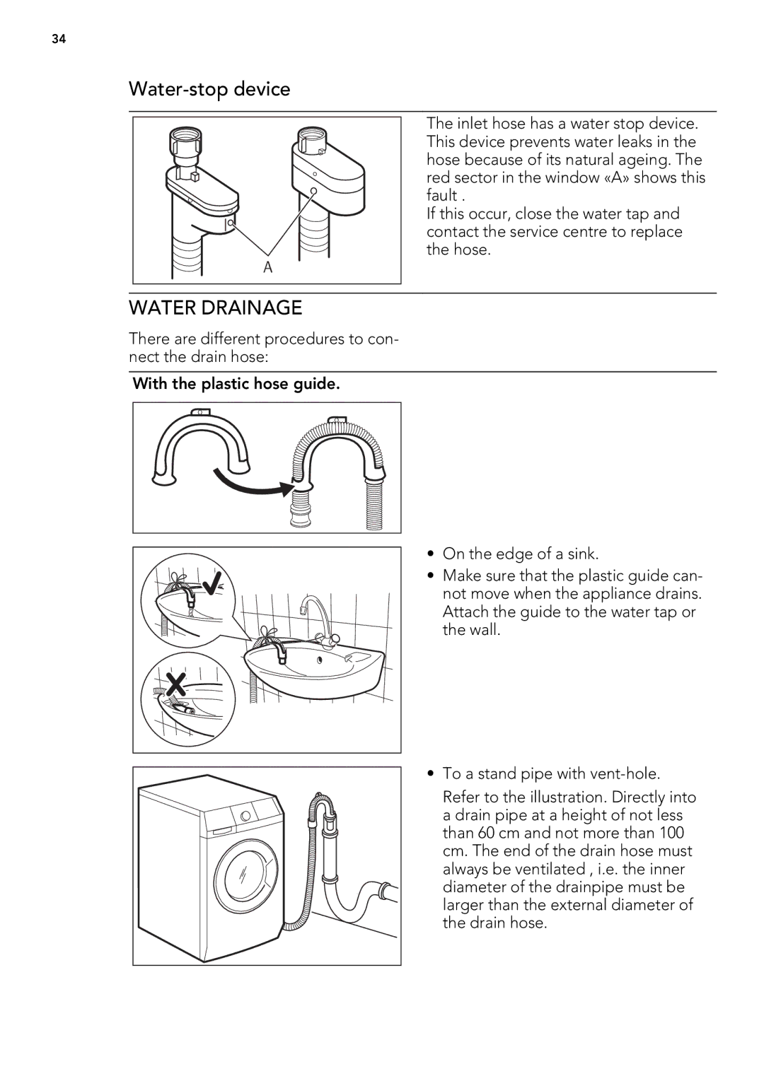 AEG L 71670 FL, L 71479 FL, L 71470 FL user manual Water-stop device, Water Drainage 