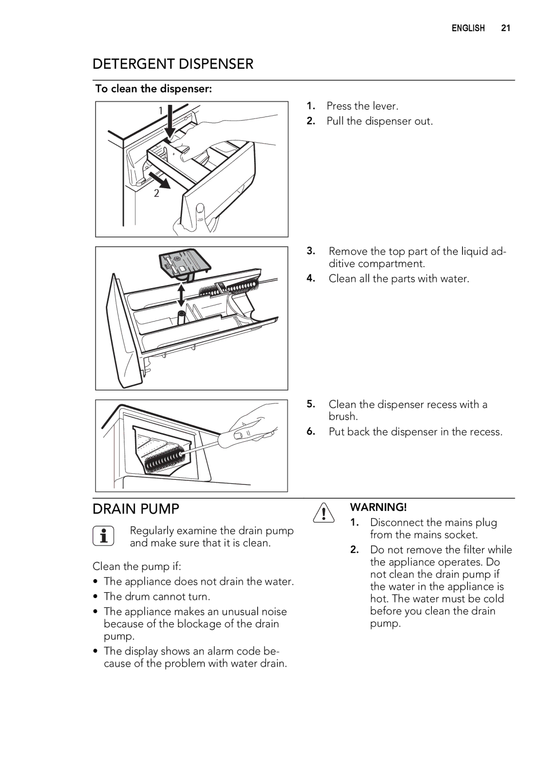 AEG L 75280 FLP user manual Detergent Dispenser, Drain Pump 