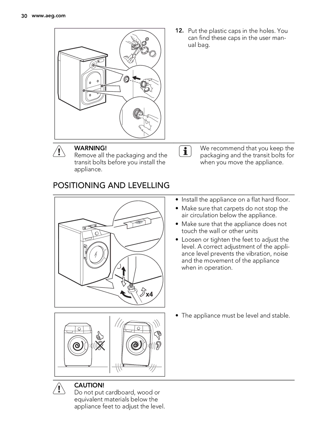 AEG L 75280 FLP user manual Positioning and Levelling 