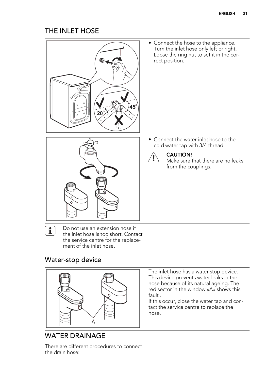 AEG L 75280 FLP user manual Inlet Hose, Water Drainage 