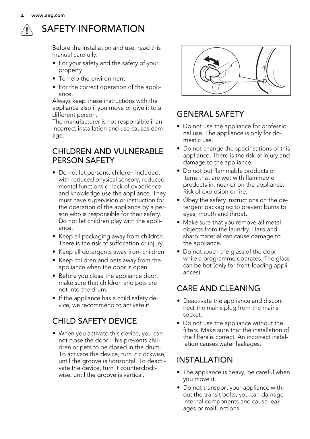 AEG L 75280 FLP user manual Safety Information, Child Safety Device, General Safety, Care and Cleaning, Installation 