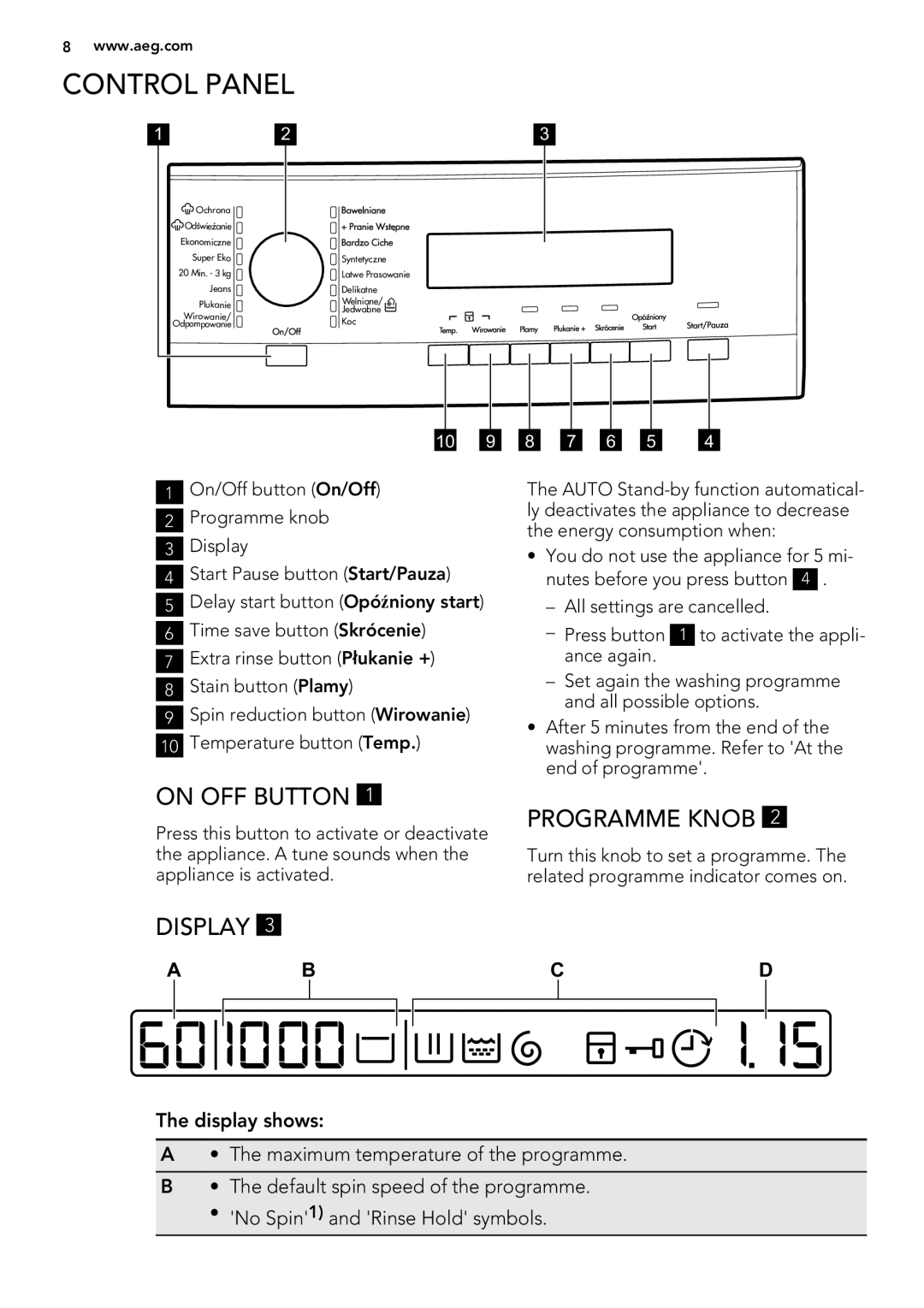 AEG L 75280 FLP user manual Control Panel, On OFF Button, Programme Knob, Display 