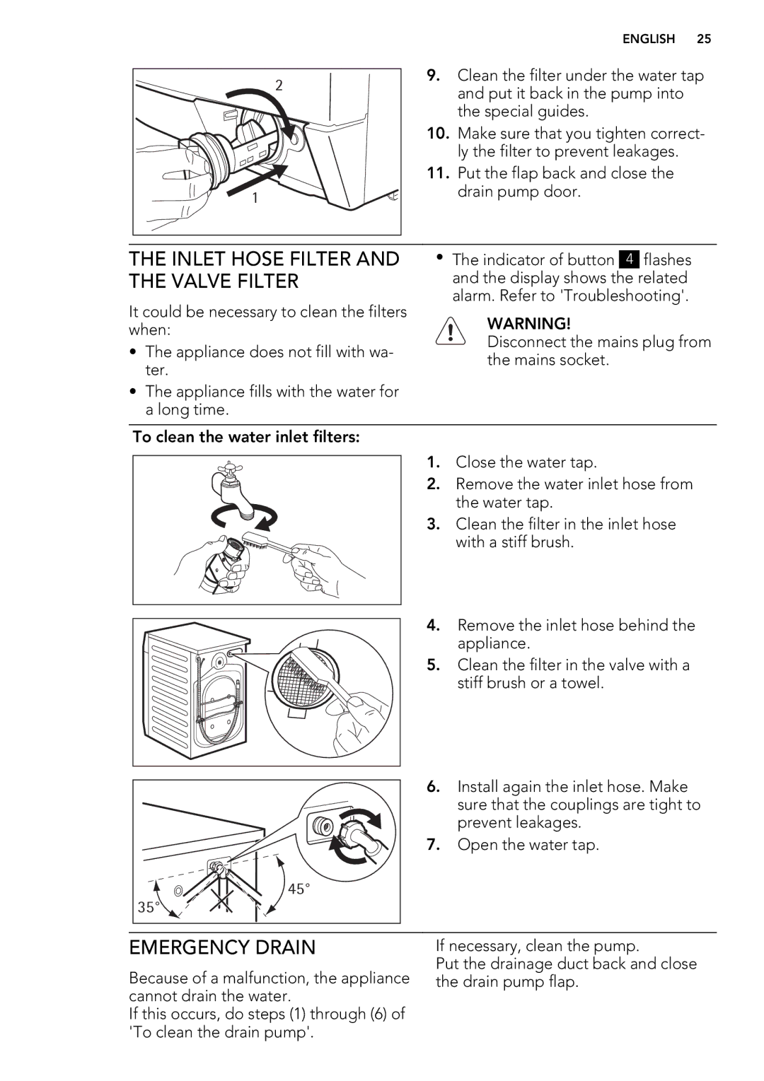 AEG L 75270 FL, L 75670 FL, L 75470 FL user manual Inlet Hose Filter, Valve Filter, Emergency Drain 