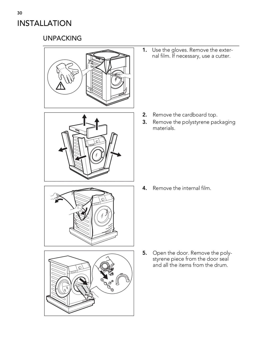 AEG L 75670 FL, L 75270 FL, L 75470 FL user manual Installation, Unpacking 