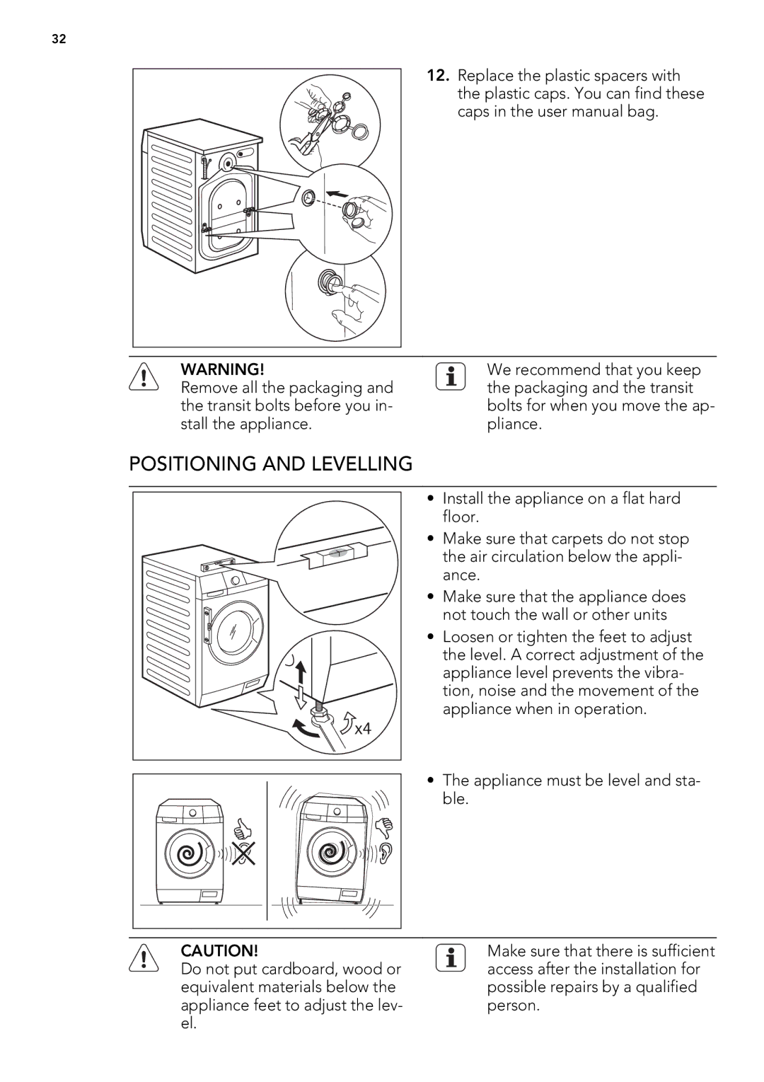 AEG L 75470 FL, L 75670 FL, L 75270 FL user manual Positioning and Levelling 