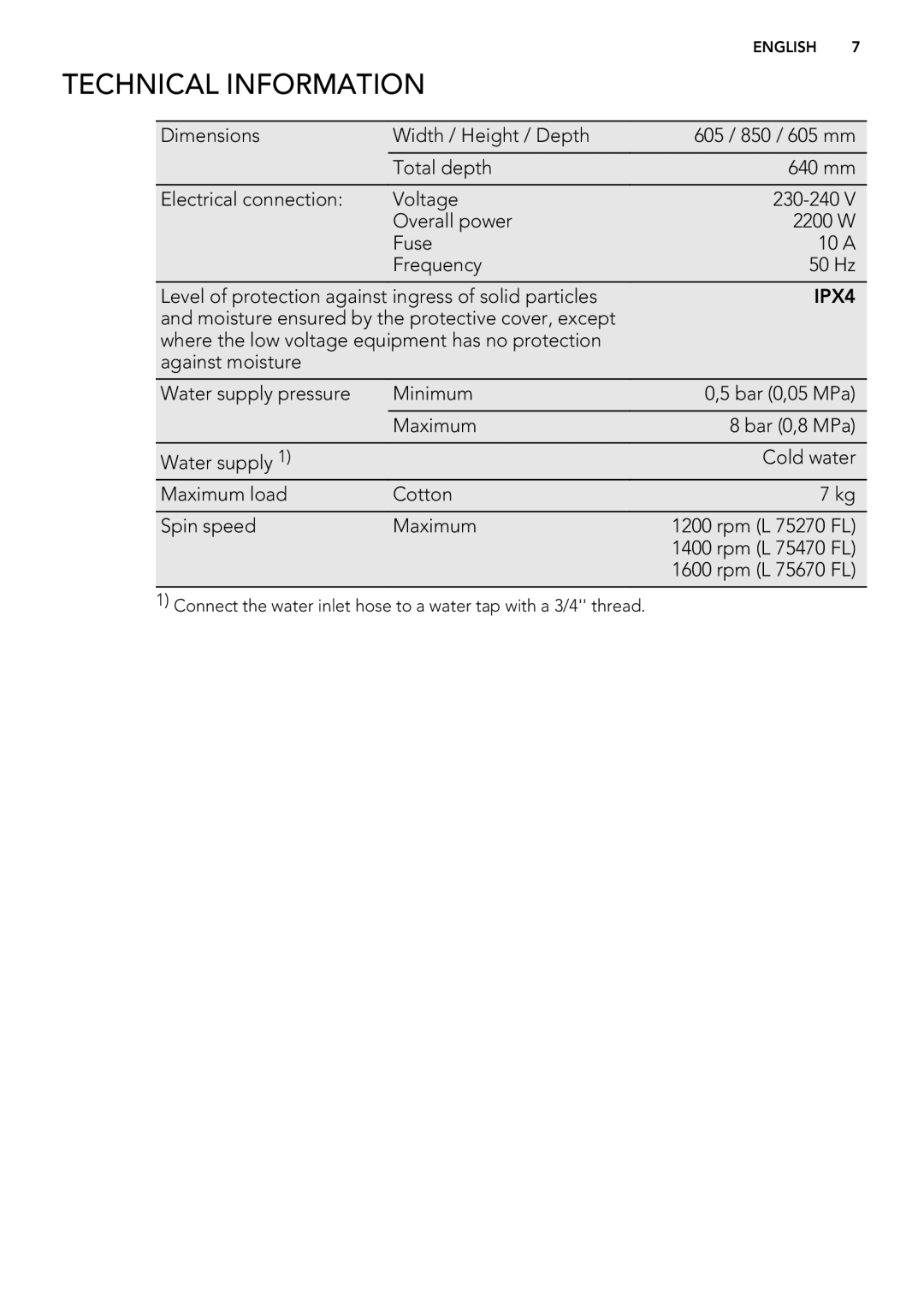 AEG L 75270 FL, L 75670 FL, L 75470 FL user manual Technical Information, IPX4 