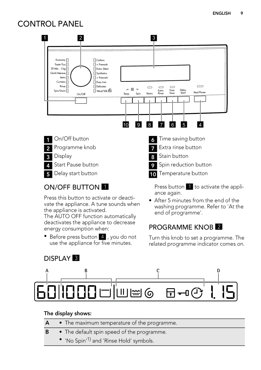 AEG L 75670 FL, L 75270 FL, L 75470 FL user manual Control Panel, ON/OFF Button, Programme Knob, Display 