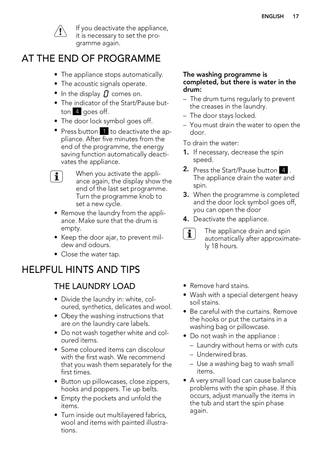 AEG L 75475 FL, L 75675 FL user manual AT the END of Programme, Helpful Hints and Tips, Laundry Load 