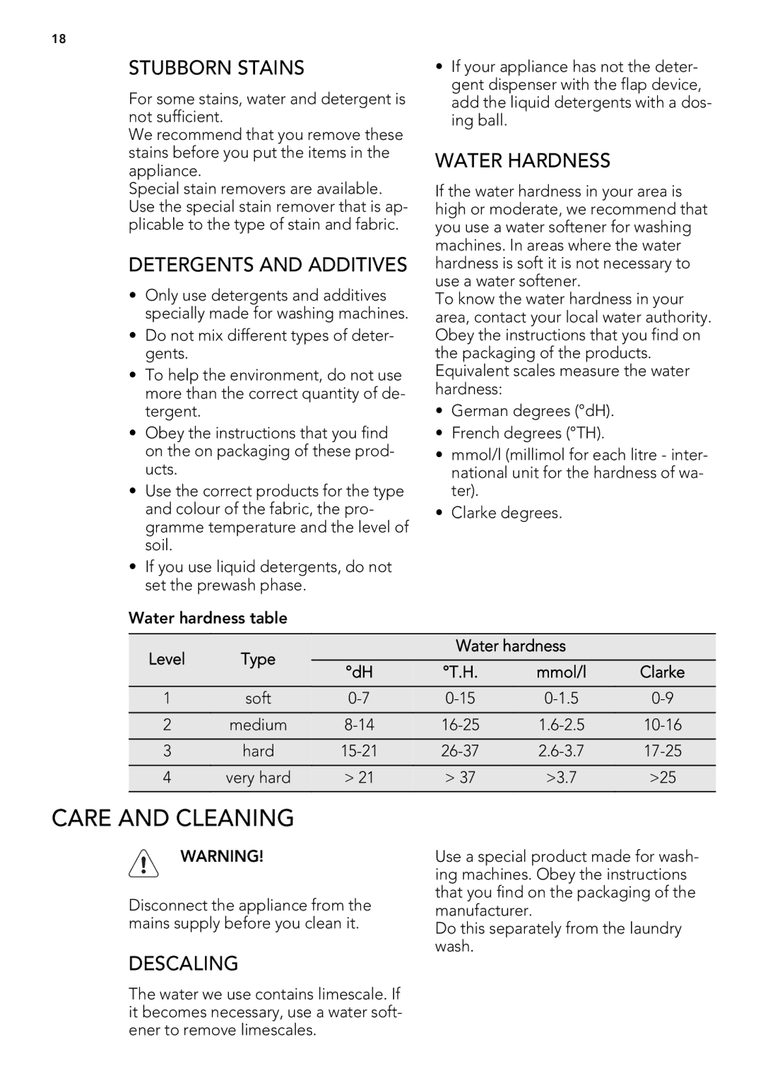 AEG L 75675 FL, L 75475 FL Care and Cleaning, Stubborn Stains, Detergents and Additives, Water Hardness, Descaling 