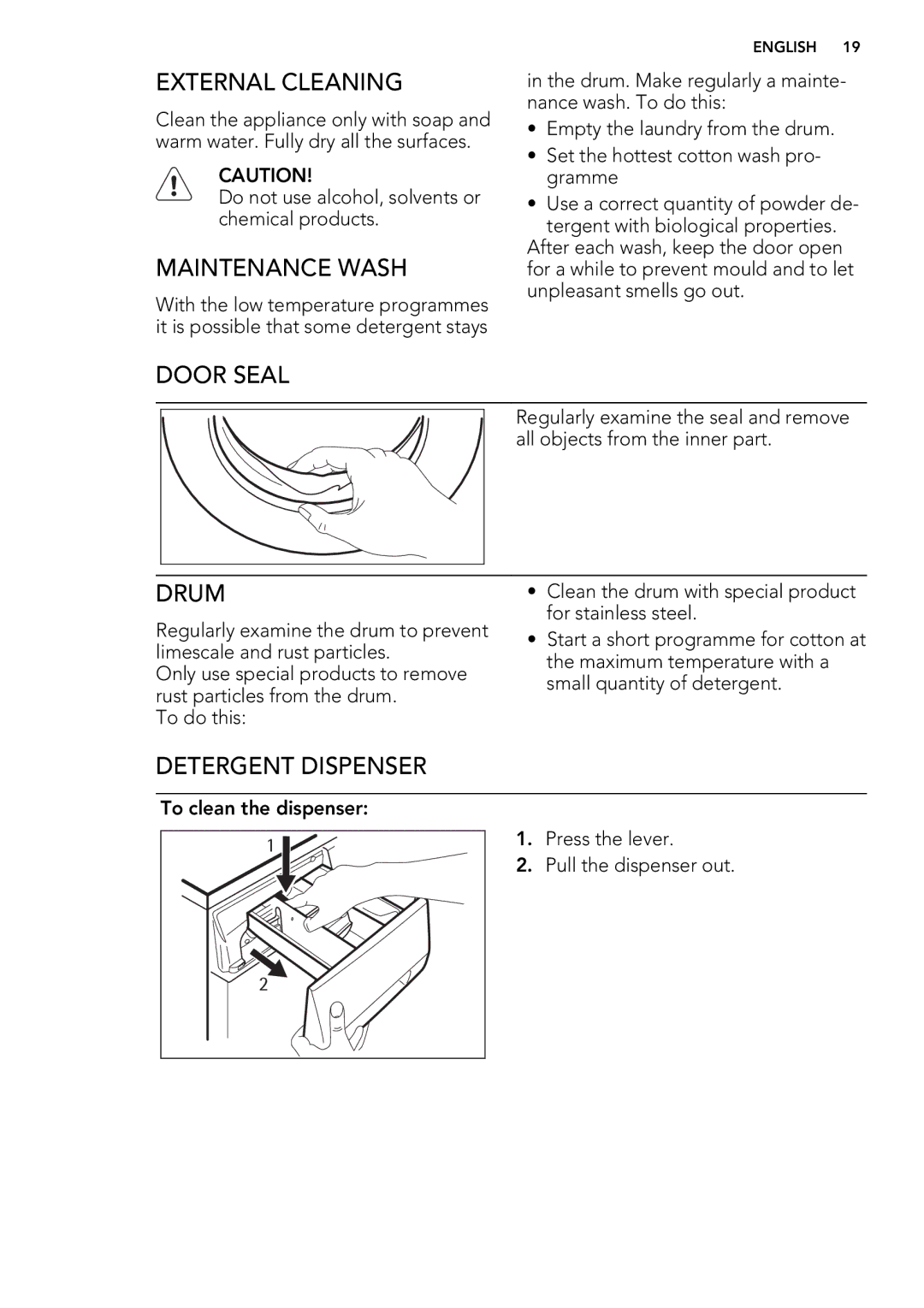 AEG L 75475 FL, L 75675 FL user manual External Cleaning, Maintenance Wash, Door Seal, Drum, Detergent Dispenser 