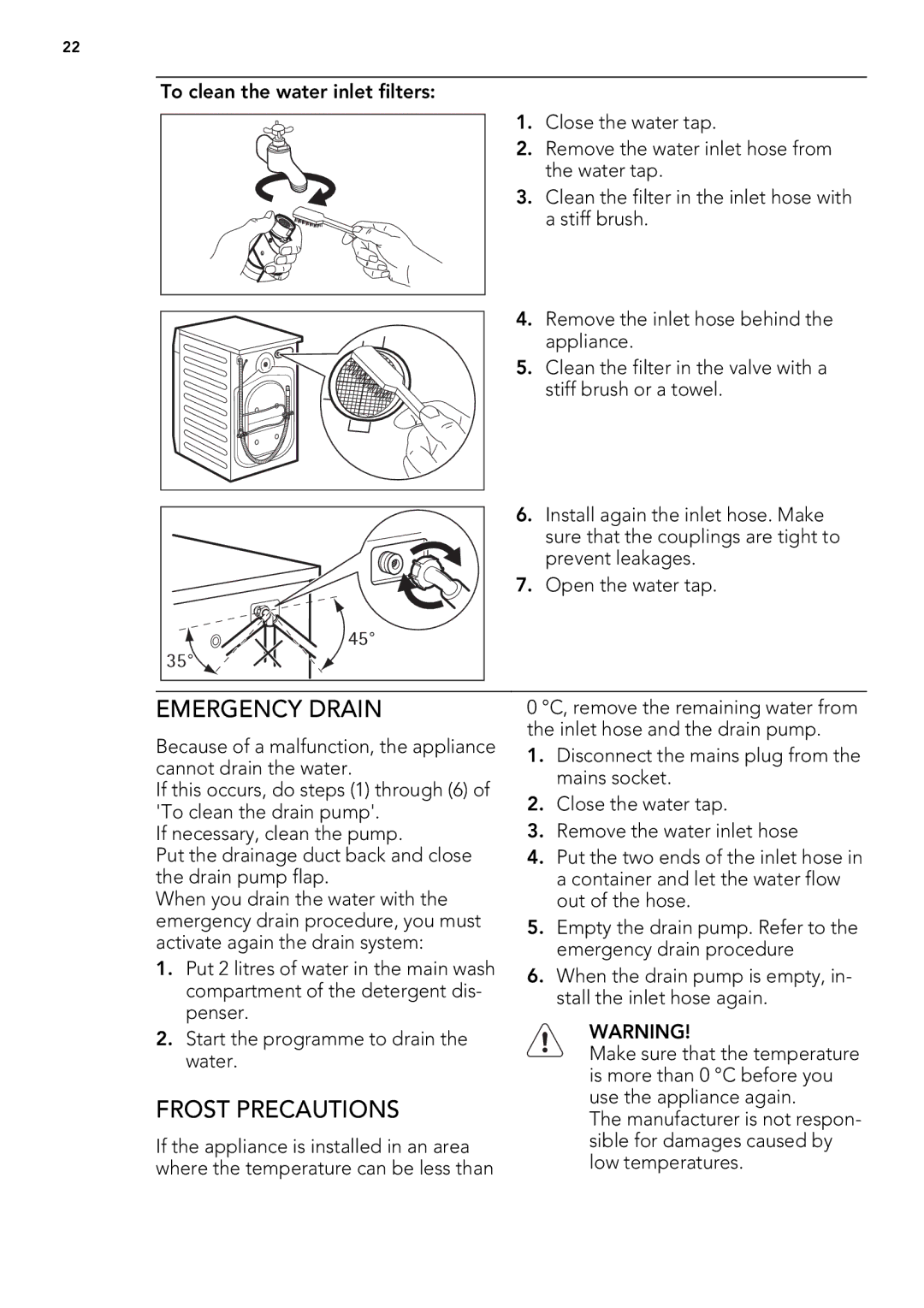 AEG L 75675 FL, L 75475 FL user manual Emergency Drain, Frost Precautions 