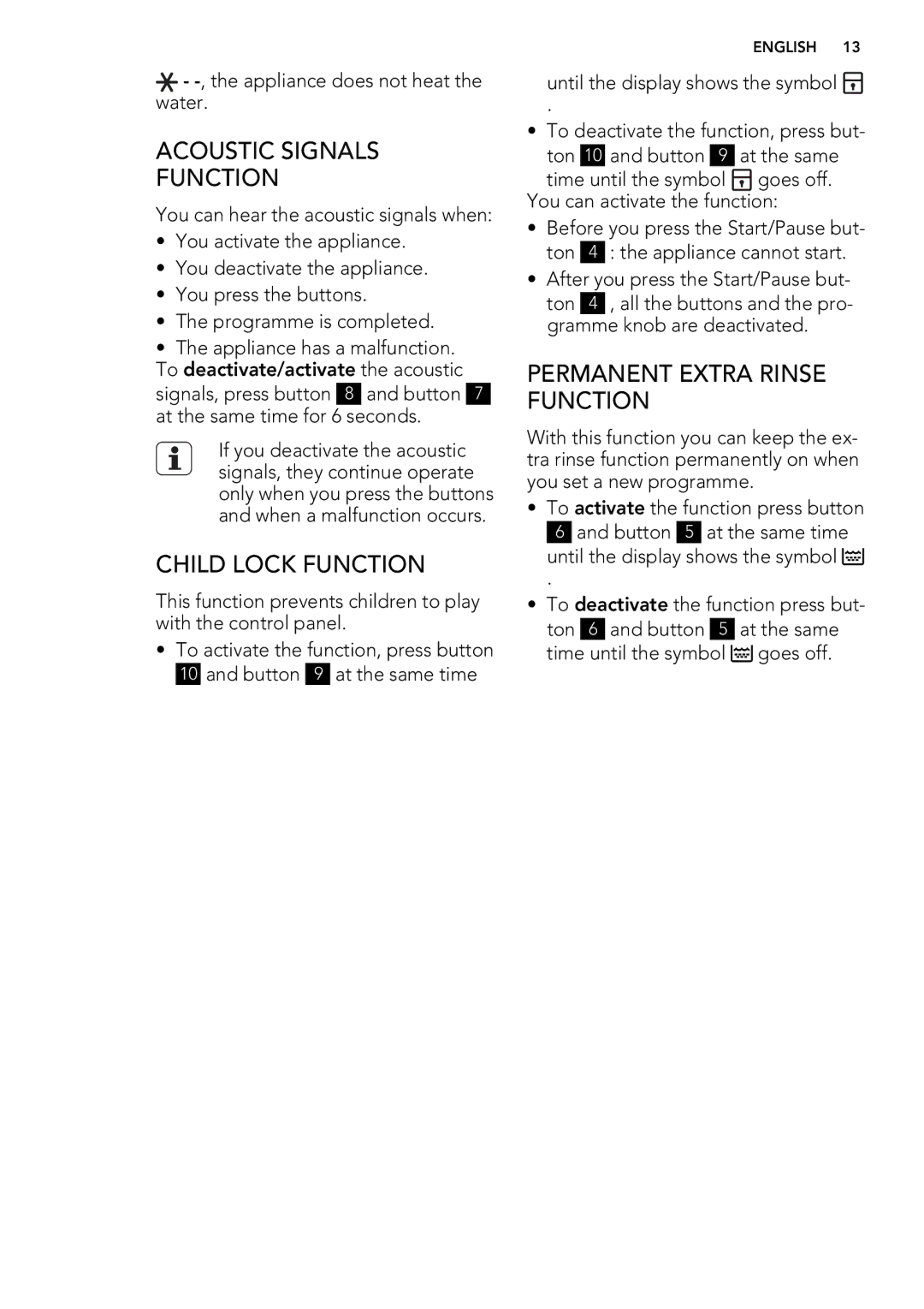 AEG L 87480 FL, L 87680 FL user manual Acoustic Signals Function, Child Lock Function, Permanent Extra Rinse Function 