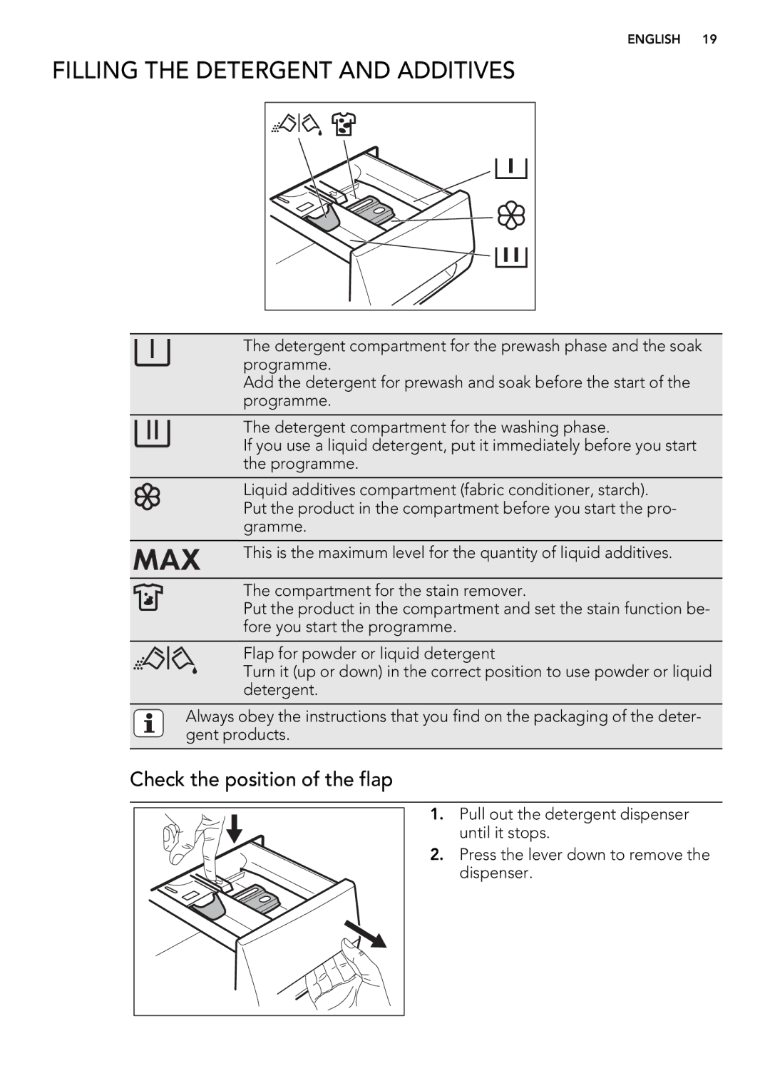 AEG L 87480 FL, L 87680 FL user manual Filling the Detergent and Additives, Check the position of the flap 