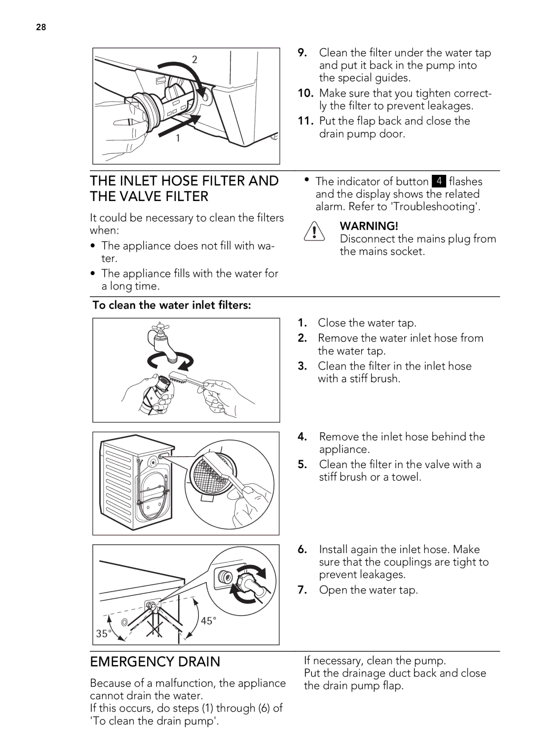 AEG L 87680 FL, L 87480 FL user manual Inlet Hose Filter, Valve Filter, Emergency Drain 