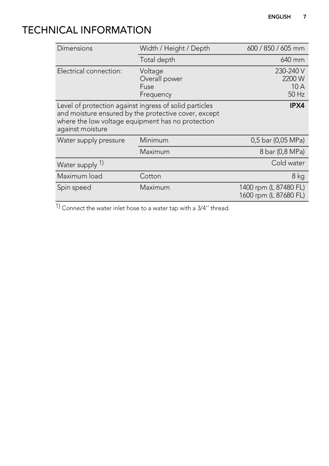 AEG L 87480 FL, L 87680 FL user manual Technical Information, IPX4 