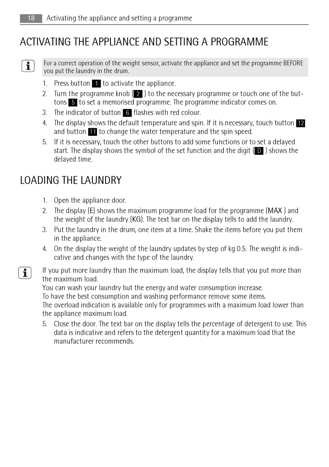 AEG L 96485 FL user manual Loading the Laundry, Activating the Appliance and Setting a Programme 