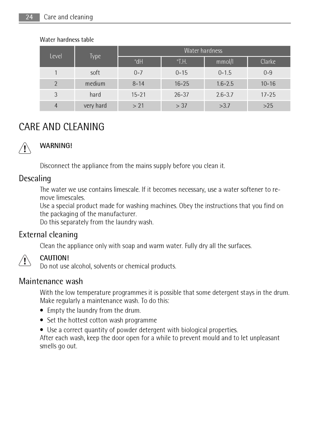 AEG L 96485 FL user manual Care and Cleaning, Descaling, External cleaning, Maintenance wash 