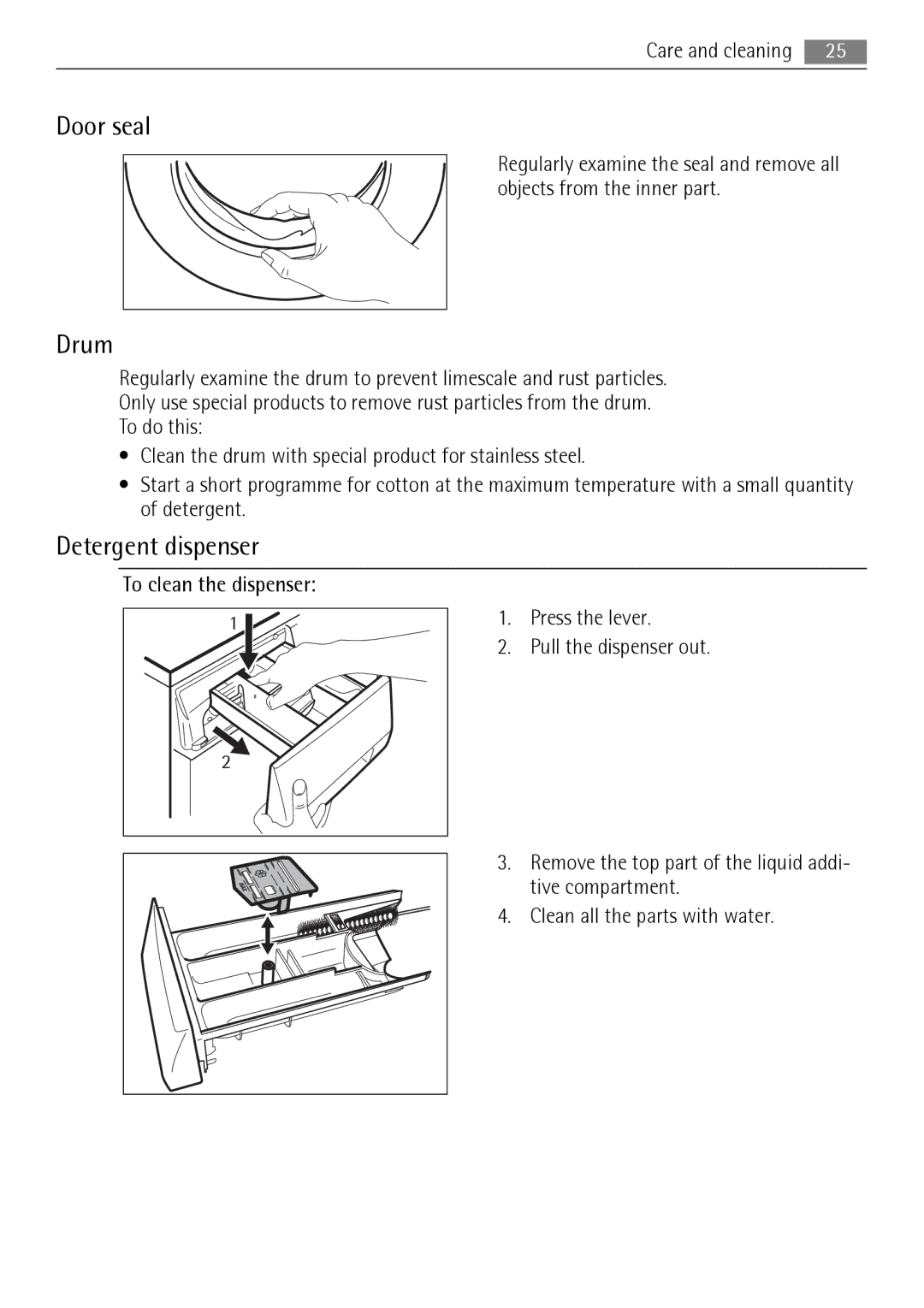 AEG L 96485 FL user manual Door seal, Drum, Detergent dispenser 