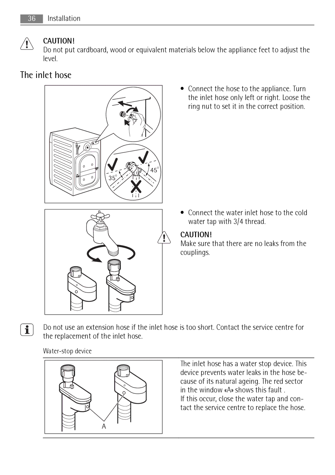 AEG L 96485 FL user manual Inlet hose, Water-stop device 