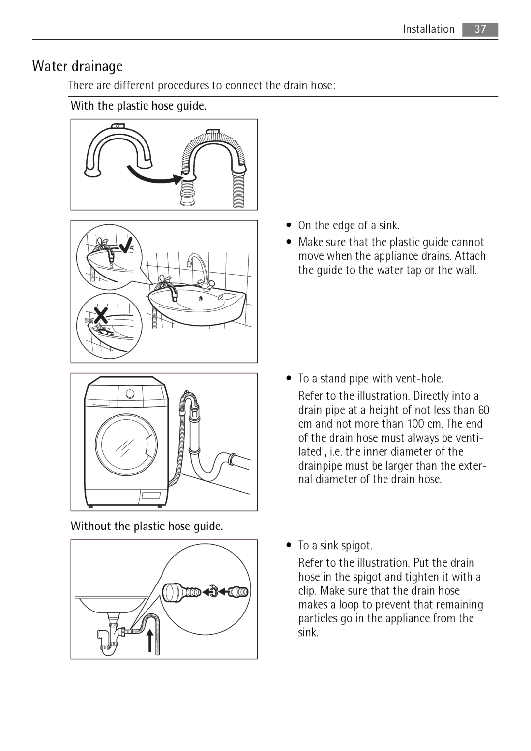 AEG L 96485 FL user manual Water drainage, To a stand pipe with vent-hole 