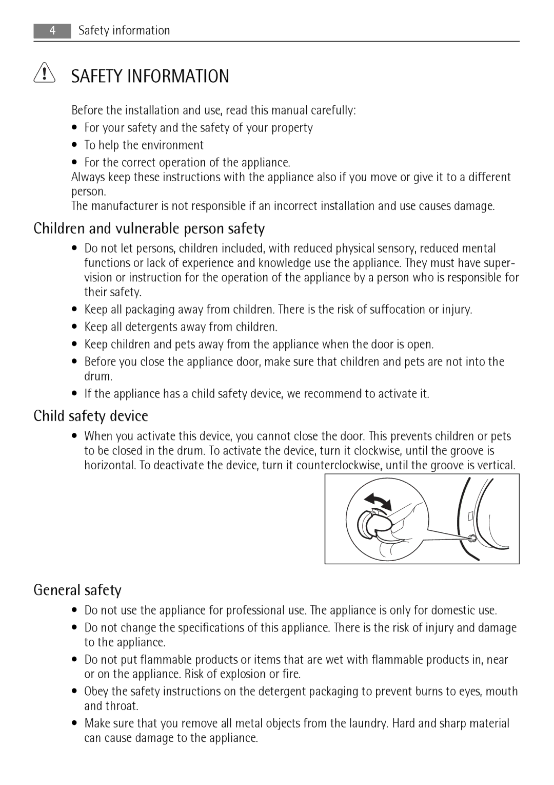 AEG L 96485 FL user manual Safety Information, Children and vulnerable person safety, Child safety device, General safety 