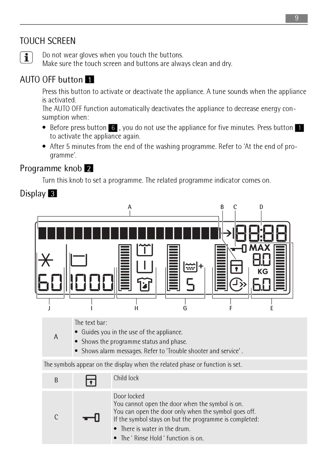 AEG L 96485 FL user manual Auto OFF button, Programme knob, Display 