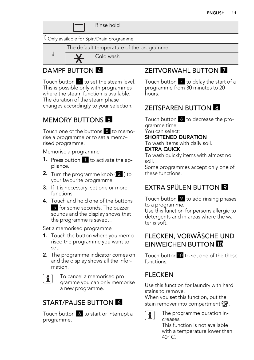 AEG L 98485 FL user manual Dampf Button, Memory Buttons, START/PAUSE Button, Zeitvorwahl Button, Zeitsparen Button, Flecken 