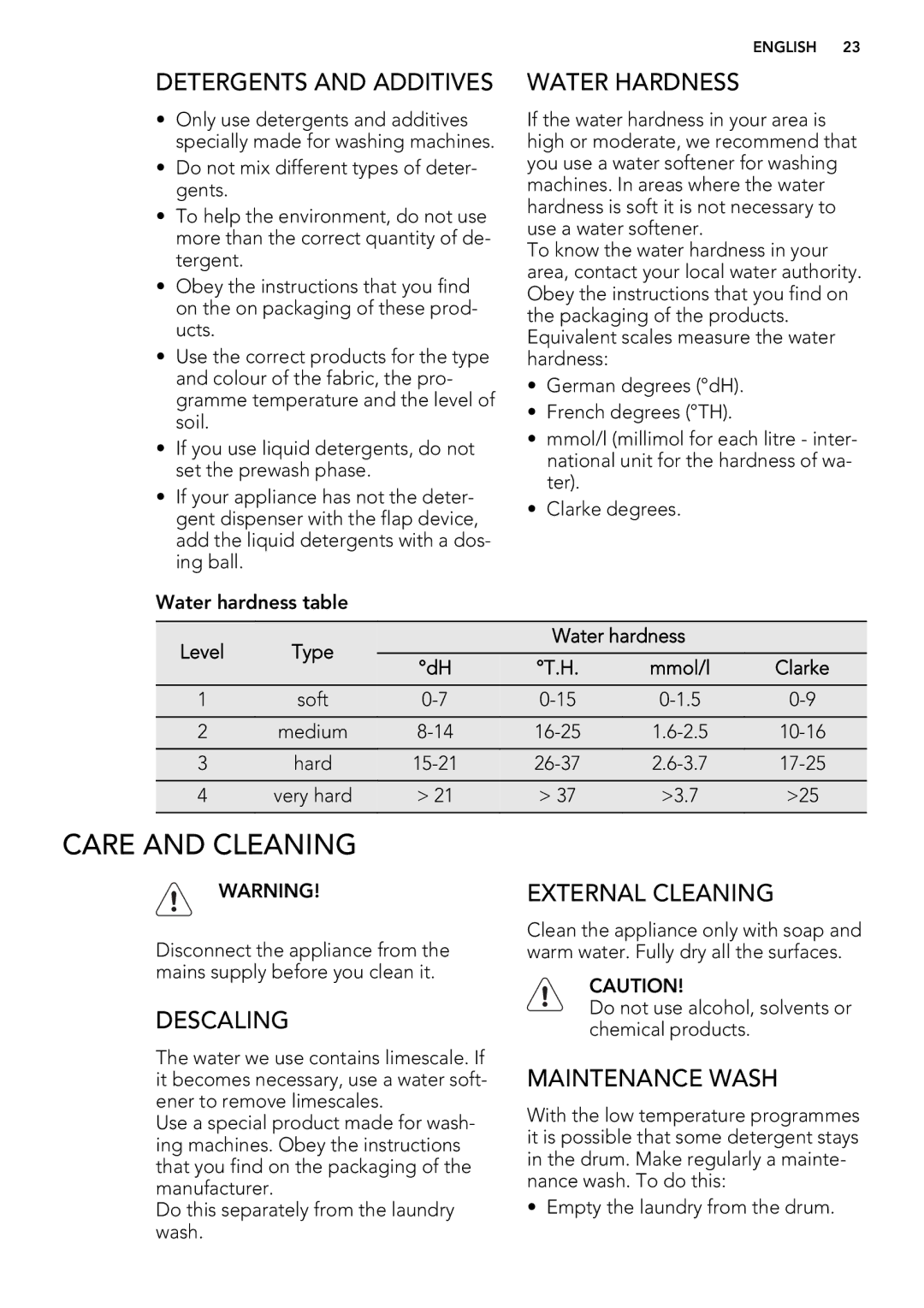 AEG L 98485 FL Care and Cleaning, Detergents and Additives Water Hardness, Descaling, External Cleaning, Maintenance Wash 