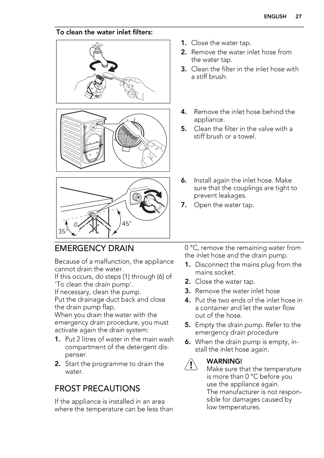 AEG L 98485 FL, L 98685 FL user manual Emergency Drain, Frost Precautions 