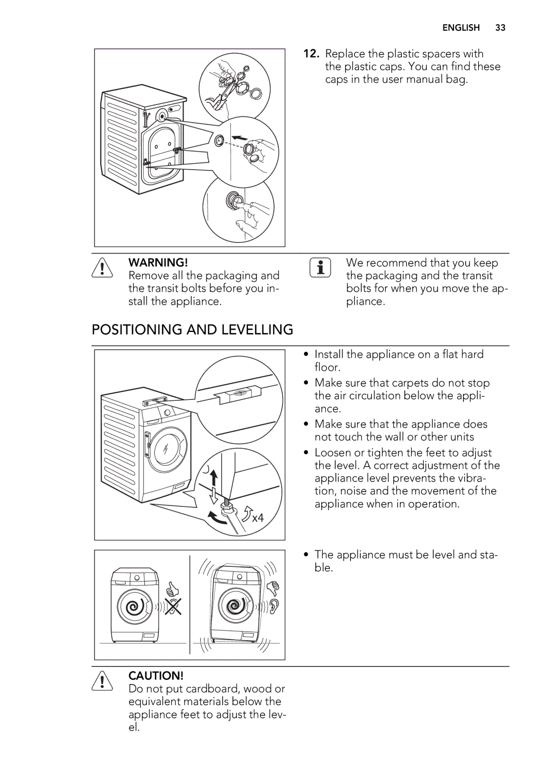 AEG L 98485 FL, L 98685 FL user manual Positioning and Levelling 