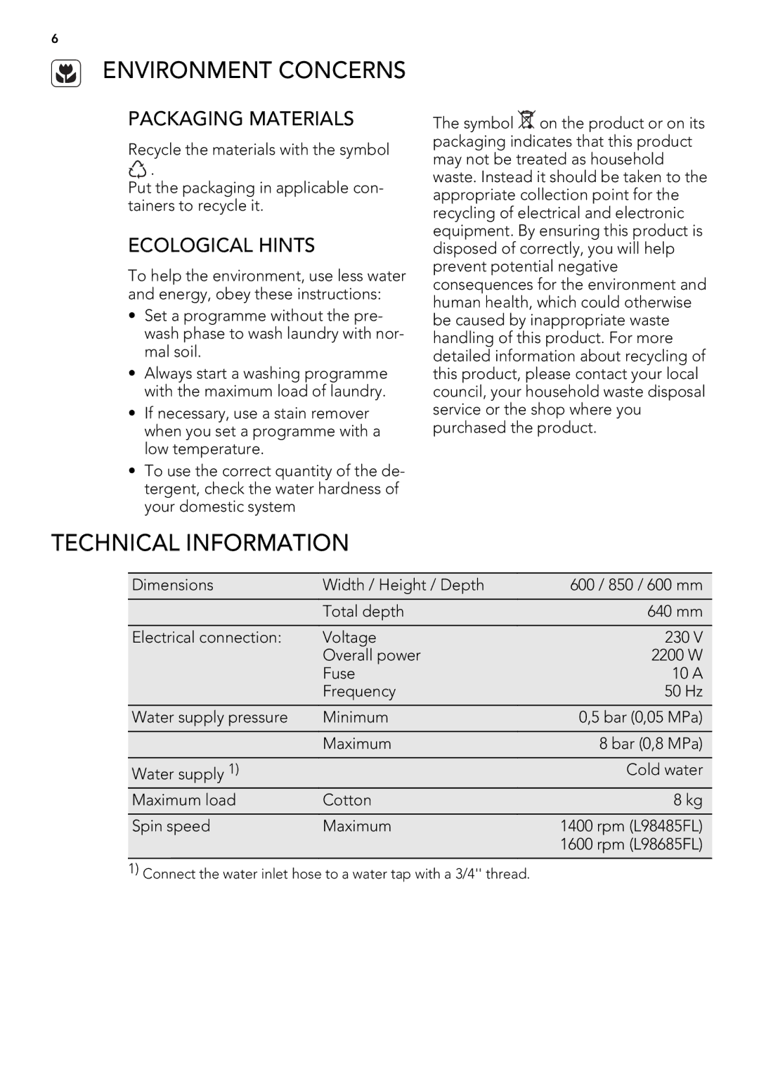 AEG L 98685 FL, L 98485 FL user manual Environment Concerns, Technical Information, Packaging Materials, Ecological Hints 