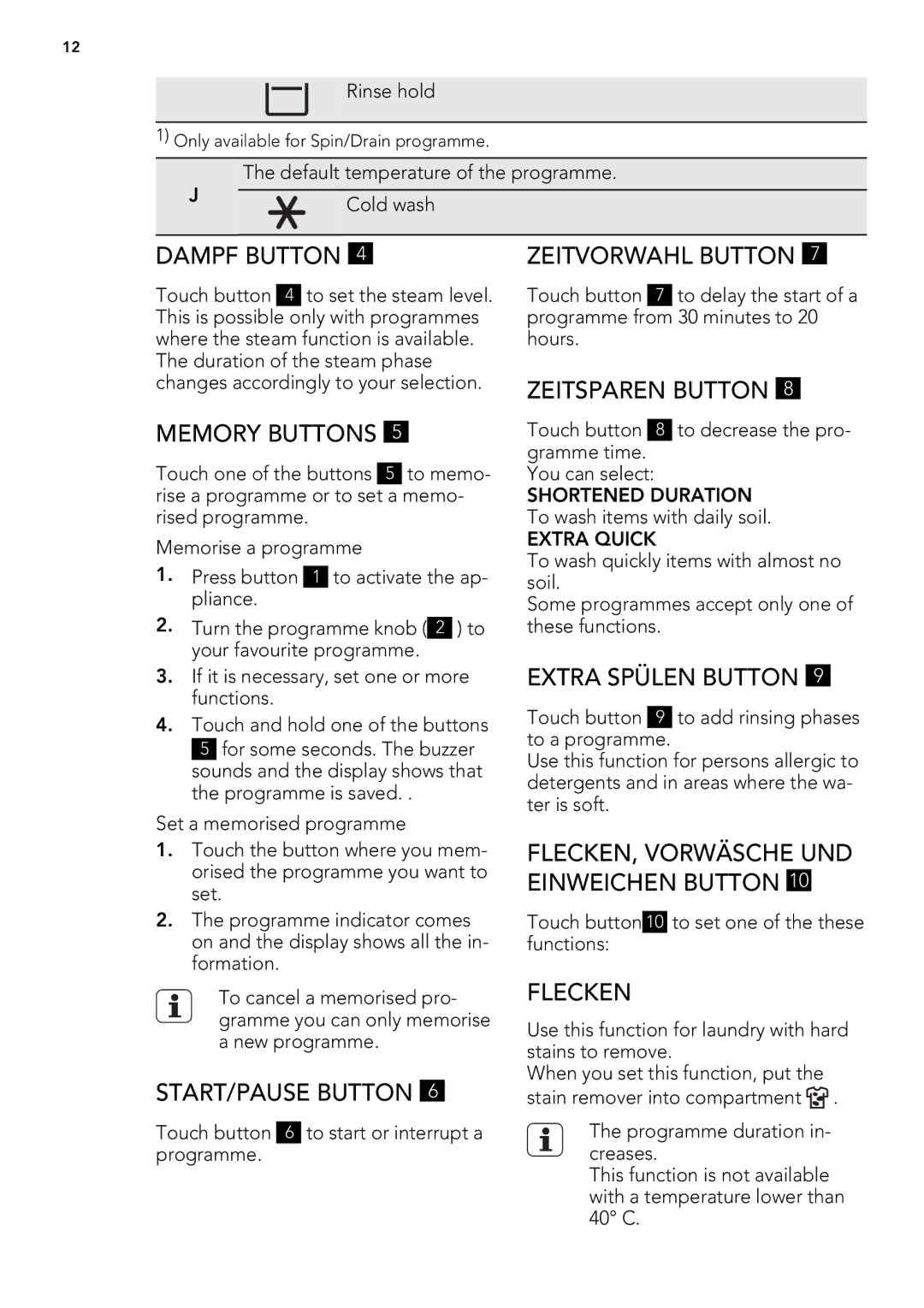 AEG L 98699 FL Dampf Button, Memory Buttons, Zeitvorwahl Button, Zeitsparen Button, Extra Spülen Button, Flecken 