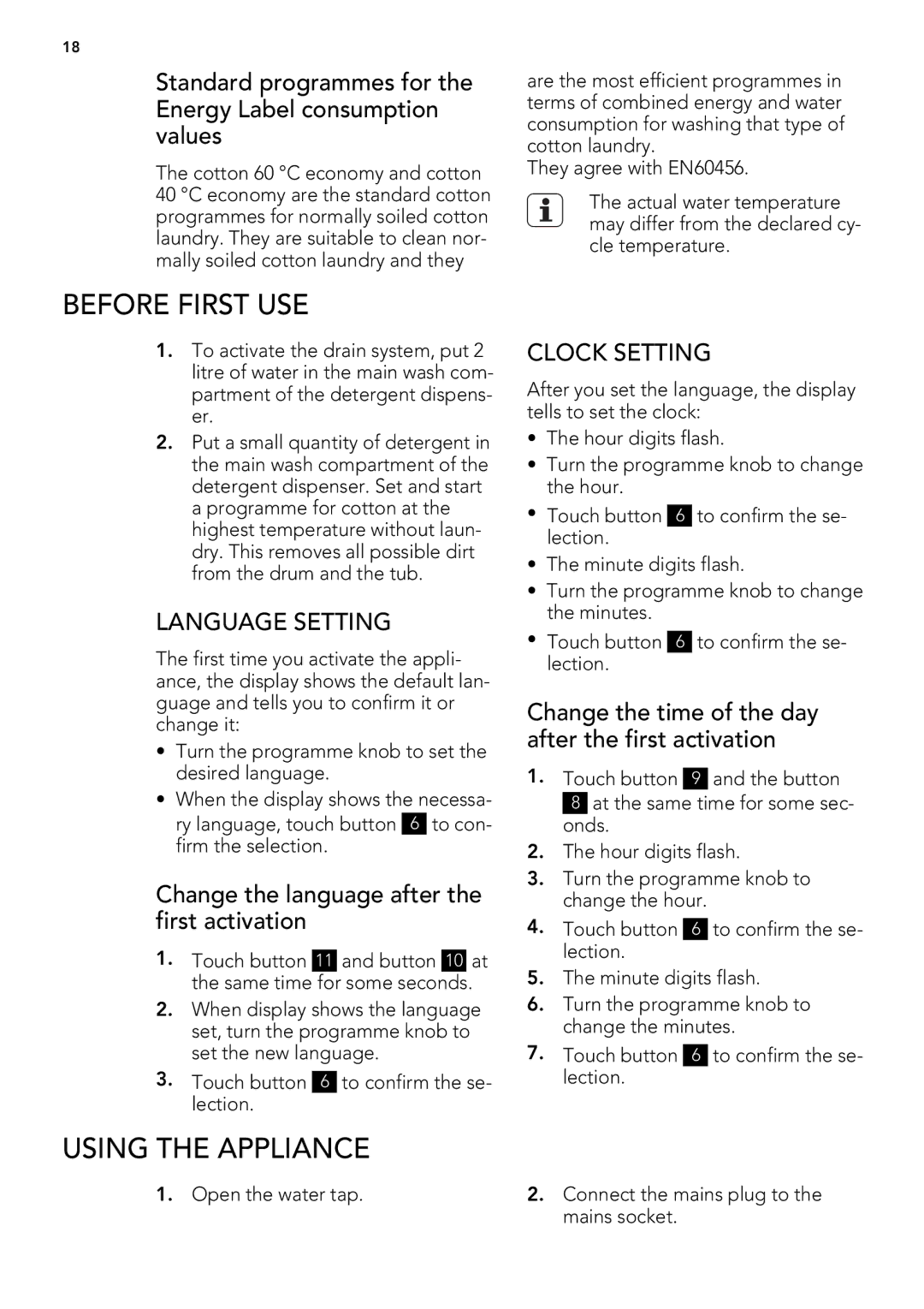 AEG L 98699 FL, L 98499 FL user manual Before First USE, Using the Appliance, Language Setting, Clock Setting 