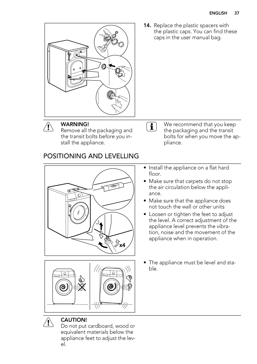 AEG L 98499 FL, L 98699 FL user manual Positioning and Levelling 